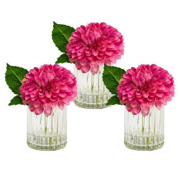 set of 3 plastic flower arrangements in ribbed glass vase