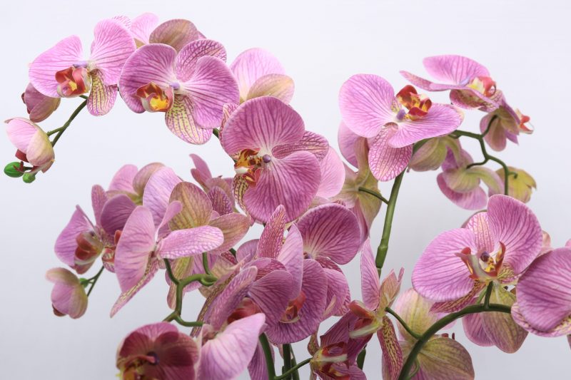 fake mauve orchid plant in metal pot