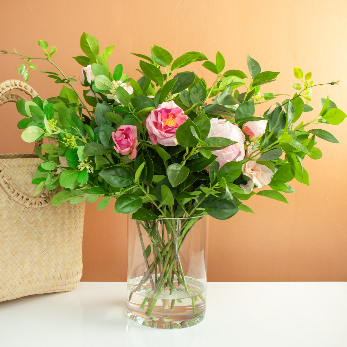 45cm Faux Rose, Peony & Foliage Arrangement
