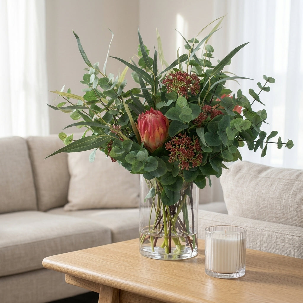 60cm Faux Eucalyptus & Protea Arrangement